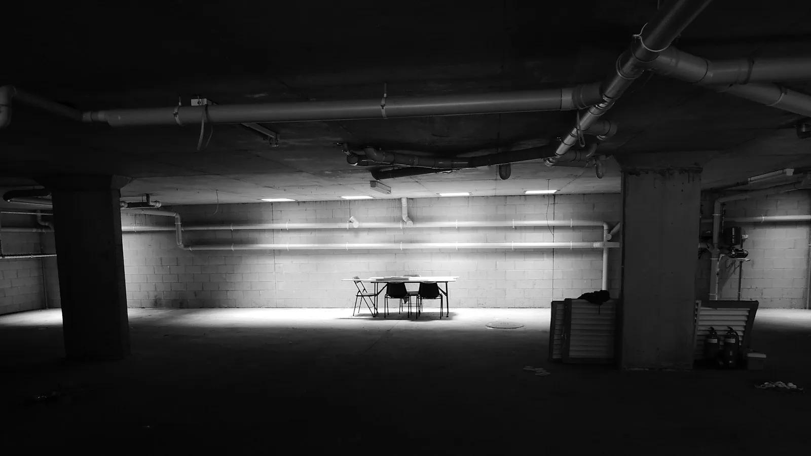 Salle en sous-sol vide plongée dans la pénombre, une table et des chaises alignées contre un mur gris